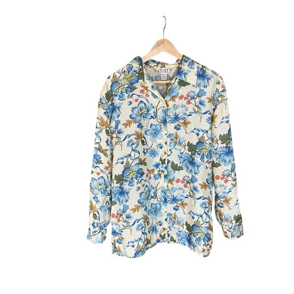 Vintage STUNT 100% Silk Floral Button Down Shirt Blue Beige Medium cottagecore - Picture 1 of 7